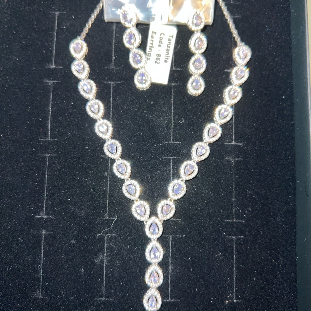 Elegant Silver Necklace Y-shaped Design and Matching Earrings genuine tanzanite
